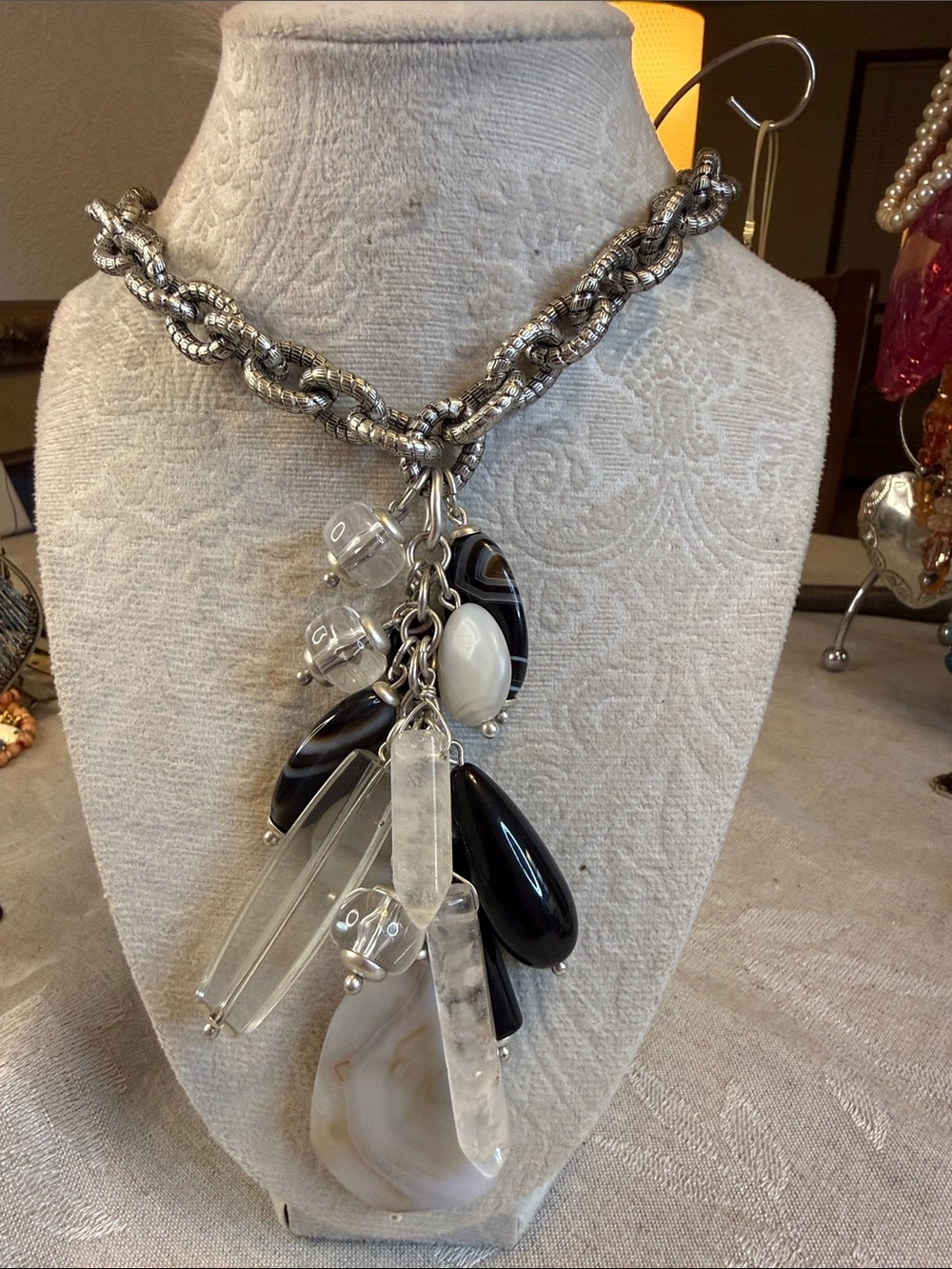 Chunky Silver Chain Necklace with Black and White Agate & Clear Quartz Charms